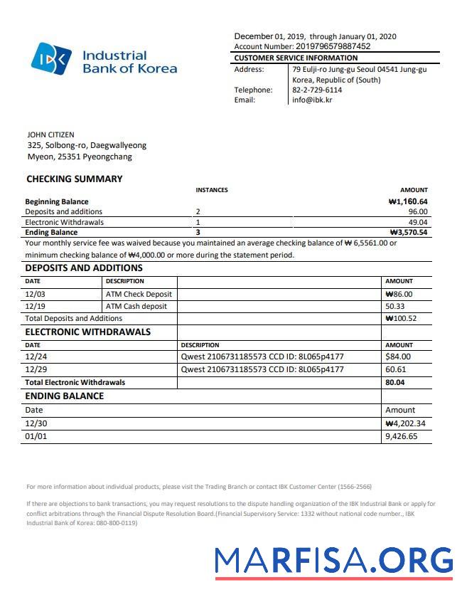 Realistic South Korea Industrial Bank of Korea bank statement tword real example